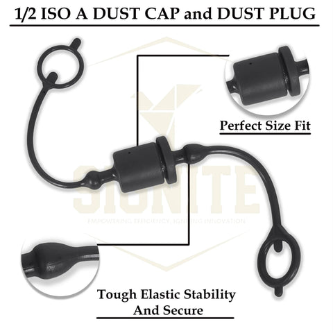 2-pack ISO A 1/2 in hydraulic dust cap and plug cover, black rubber with lanyard and ring for quick disconnects