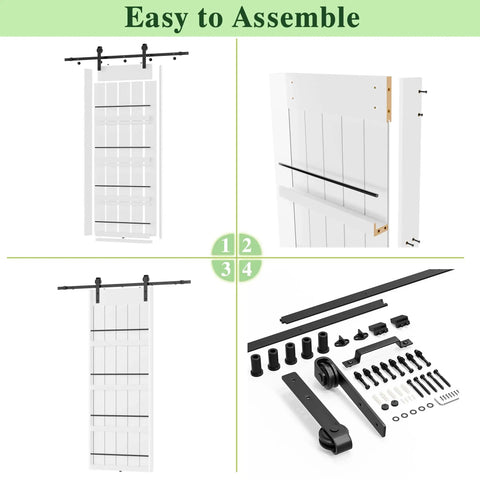 Sliding Barn Door With Shelf Style 48x84 Inches Primed MDF Includes 8ft Hardware Kit For Easy Mount Farmhouse Look You Can Paint DIY Ready Assembly Required shown in assembly steps and included hardware.