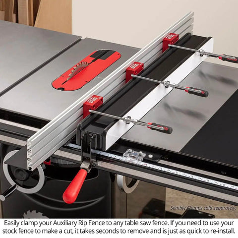 Auxiliary Rip Fence 48 Inch Table Saw Extension For Infeed Or Outfeed Material Support With Built In T Track Slots And Sliding Clamping Blocks Pro Grade USA Made ARF 48 installed on table saw with clamps