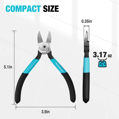 Front and side view of 5 Inch Pro Grade Wire Cutter With CNC Machined Edges And CR V Thickened Flush Cutter with dimensions displayed.