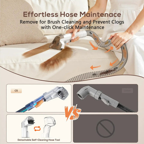 Powerful 15KPa Portable Carpet And Upholstery Cleaner From Ailltopd With Deep Stain Removal For Sofa Couch Car Seat Pet Accidents Two Brush Heads And Cleaning Solution Included demonstrating hose maintenance features.