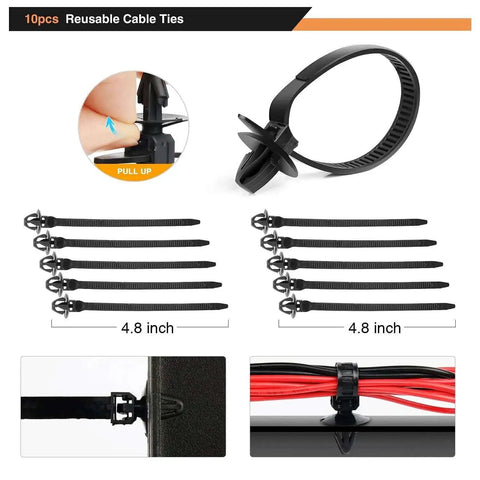 Pack of 10 reusable cable ties, 4.8 inches long, durable nylon, shown securing red cables, part of 60Pcs Car Wire Loom Routing Clips Assortment.