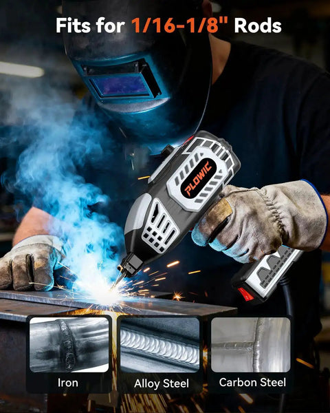Portable 110V Arc Welder With IGBT Inverter, 20 To 120A Adjustable Current, handheld stick welder in action on metal