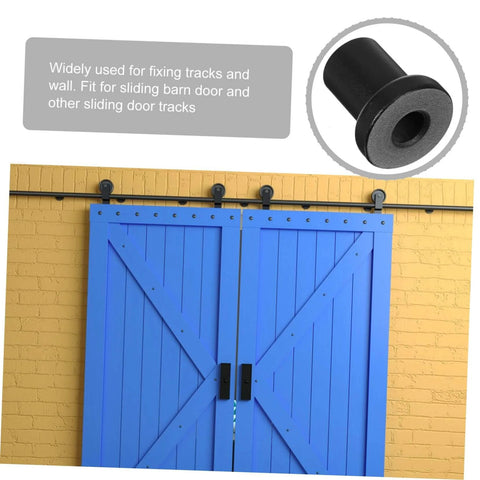 Four Pack Replacement Carbon Steel Track Spacers Set For Barn Doors And Sliding Door Hardware Heavy Duty Connector Spacers To Fix Tracks To Wall Ideal For Garage Basement Farmhouse Doors And Wall Mount Tracks shown installed with blue barn door.