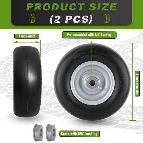 Flat Free 11x4.00-5 Lawn Mower Front Tires For Zero Turn Mowers With Solid Smooth Tread, 11x4-5 Size, bushing options shown