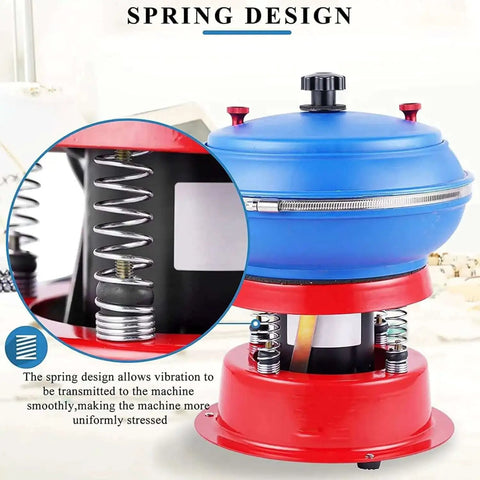 Jewelry Tumbler Polisher Workhorse, 90W Vibration Polishing Machine For Metal Parts, showing spring design and blue drum