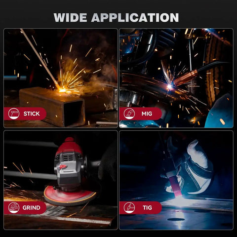 Wide application of welding processes including stick, MIG, grind, and TIG, illustrating various welding methods.