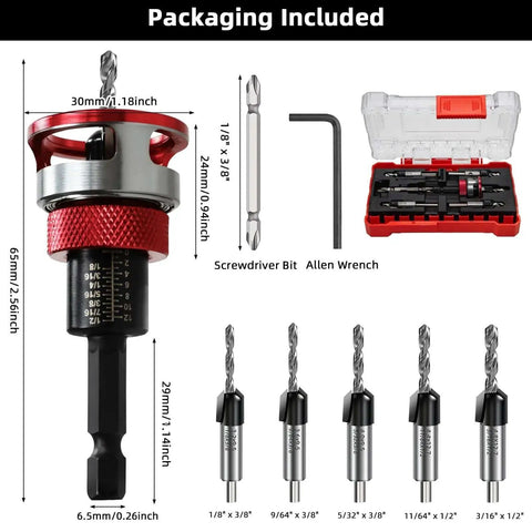 7-Piece Countersink Drill Bit Set with Aluminum Stop Collar, HSS M2 Tapered Bits, Hex Shank, Durable Case, Allen Wrench, Screwdriver Bit