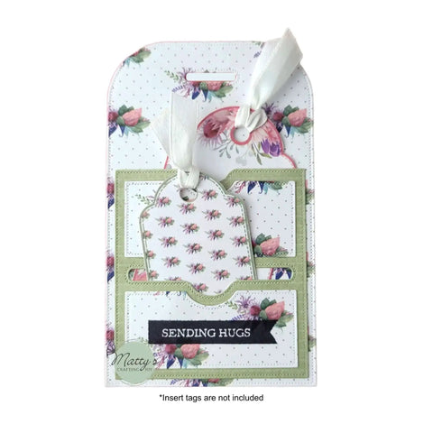 Stitched Pocket Tag Die Cut Set Of 3 For Card Making And Gift Tags, decorated with floral tags and 'Sending Hugs' message