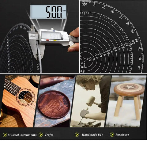 Collage of 8 Inch Round Center Finder Compass Transparent Acrylic for woodworking, showing use in crafts and furniture