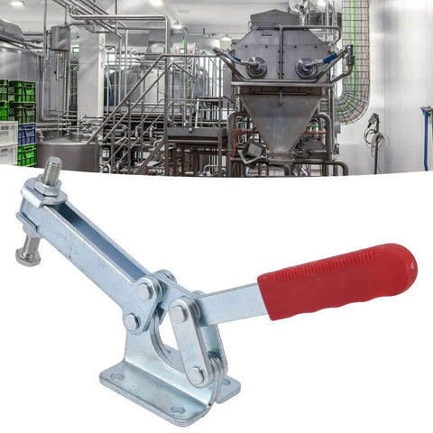 Heavy Duty Toggle Clamp 630kg Holding Horizontal Quick Release Hold Down Clamp for woodworking jigs and fixtures welding; front view showing metal construction and red handle against industrial background.