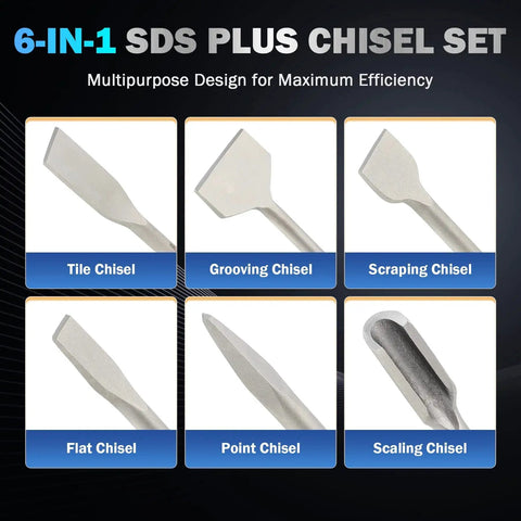 All In One 6 Piece SDS Plus Chisel Set For Tile Concrete And Masonry By Zelcan Includes Tile Grooving Scraping Flat Point And Scaling Chisels In 40Cr Steel