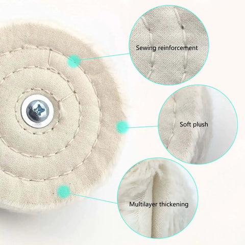 Close-up of the Pro Grade Drill Buffing Wheel Kit with 19 Piece Polishing Set showing sewing reinforcement and plush layers.
