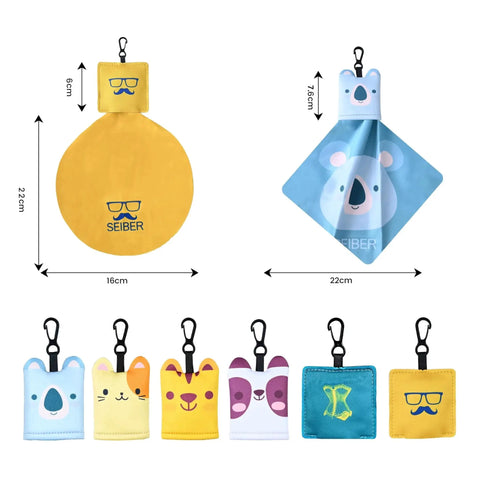 Six Pack Premium Microfiber Glasses Cleaning Cloths For Eyeglasses And Screens with animal designs, includes pouch and clip.