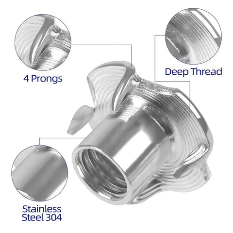 Close-up of 4 Pronged Tee Nuts 1/4-20 Stainless Steel 304 for Wood Climbing Walls Furniture, showing deep thread and prongs.