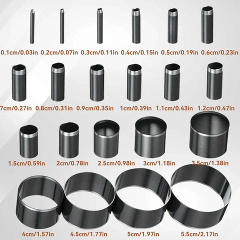 21 Piece Leather Circle Cutter Set Pro Grade Circle Punch Kit 1mm To 55mm With High Carbon Steel Round Cutting Dies shown with sizes