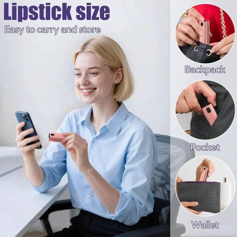 Woman using 50 Pack 3 In 1 Screen Cleaner Spray And Wipe Cleaning Solution For Devices; compact size for pocket, bag, or wallet.