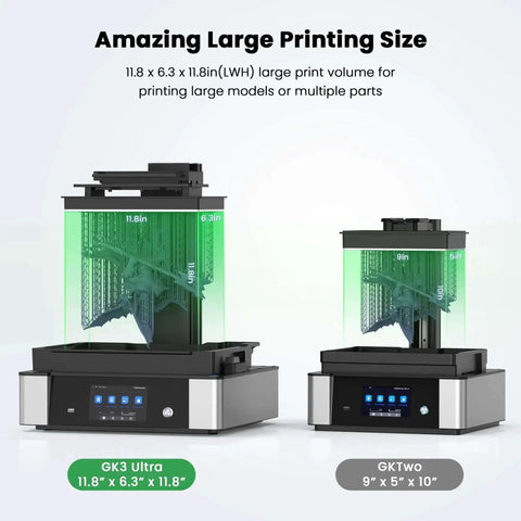 GK3 Ultra 13.5 Inch Resin 3D Printer With 16K LCD High Resolution And Beefy Build Volume 11.8 By 6.3 By 11.8 Inches Auto Resin Heating And Auto Feeding System For Pro Level 3D Printing next to smaller GKTtwo model