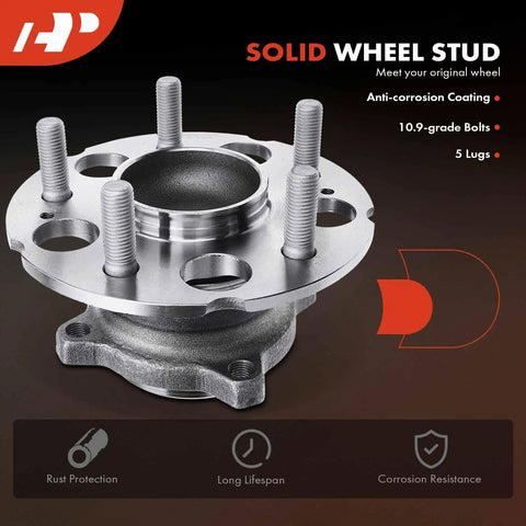 Rear Wheel Bearing And Hub Assembly 5 Lug Fit For Honda CRV 2007 To 2011, Accord Crosstour 2010 To 2011, Crosstour 2012 To 2015 FWD Only Replacement With Heavy Duty Ball Bearing, 5-lug hub with bolts, side angle view.