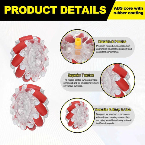 Omnidirectional Mecanum Wheel Set For Smart Robot Cars With Hexagonal Universal Pins And Screws 66mm ABS Rubber Wheels, red