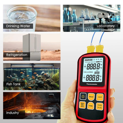 JuviPerpric digital K-type thermocouple thermometer, red handheld dual-channel with two clamps and two wired probes