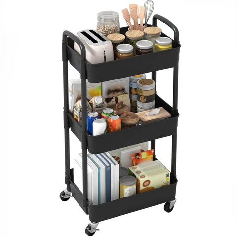 3 Tier Plastic Rolling Utility Cart With Handle For Office Kitchen And Living Room, loaded with jars and books, black with wheels