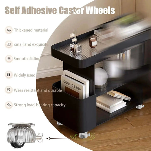 4 Pack Self Adhesive Caster Wheels For Appliances And Furniture With Brake, installed on black shelving unit, showing durability benefits.