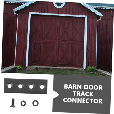 Front view of red barn with Beefy Barn Door Track Hardware Complete Set With RV Sliding Door Connector parts displayed below.