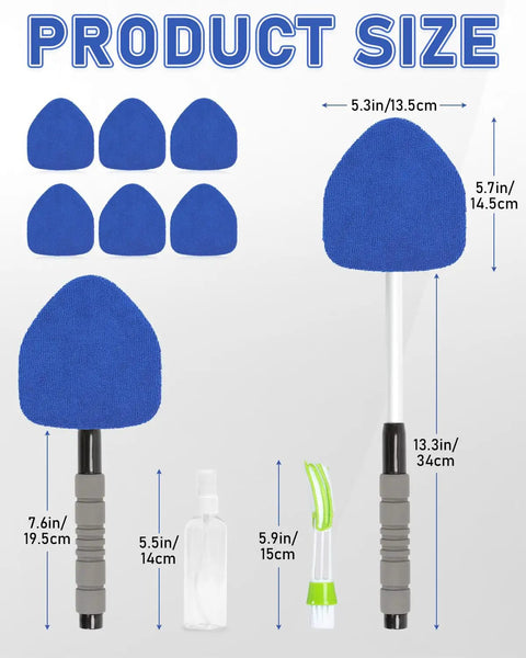 Expandable Car Window Cleaning Kit With Telescopic Handle Six Reusable Microfiber Pads Spray Bottle Vent Dust Brush Interior Dust Brush All In One No Mess Car Glass Cleaner Tool Blue product size illustration with dimensions.