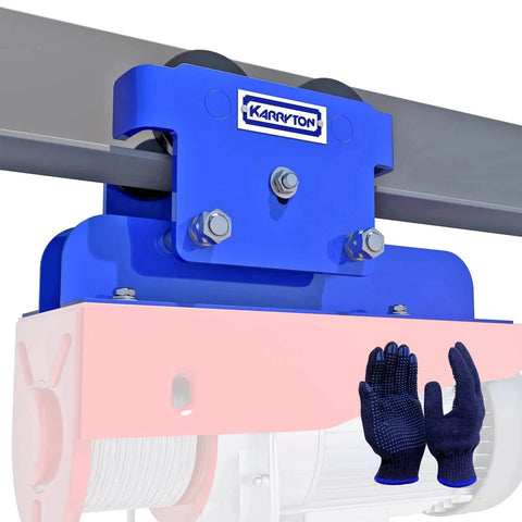 1 Ton I Beam Trolley for Electric Hoist on beam flange, dual wheel design, blue adjustable manual trolley fits 2.5 to 5 inch beam