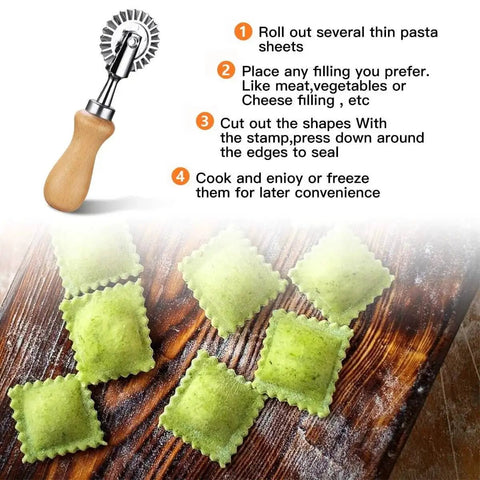 Ultimate Pasta Wheel Cutter With Wood Handle And Aluminum Frame For Home Kitchen, 1.3 Inch Diameter Cutter Wheel shown next to green ravioli on a wooden board