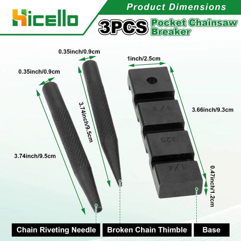 Pro Grade Pocket Chainsaw Breaker Kit showing two rivet needles and a thimble, dimensions labeled, for field repairs.