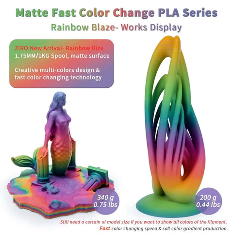 Rainbow Blaze Matte Color Changing PLA Filament for 3D Printing, showcasing vibrant models and fast color shift technology.