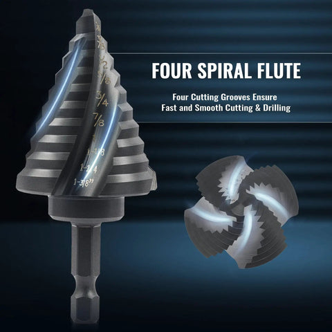 Close-up of a drill bit from a Five Piece Step Drill Bit Set With Titanium Coated HSS For Metal And Wood, showing four spiral flutes.