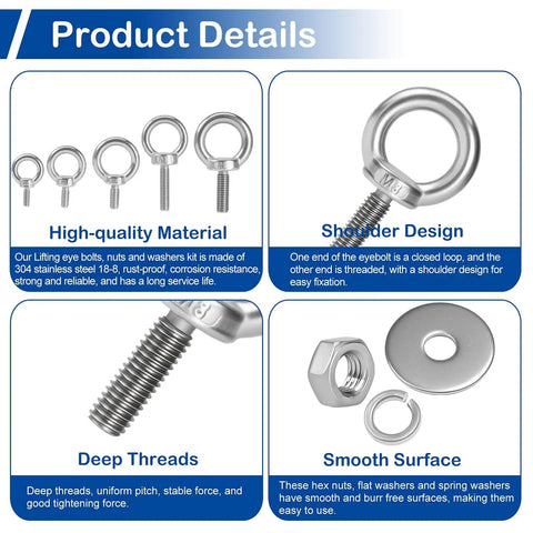 Product details of Built Tough 5 Pack M8 Stainless Steel Eye Bolts With Nuts and Washers, rustproof 304 stainless, various views.