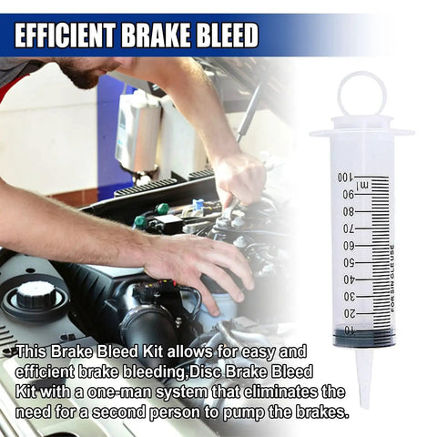 GAOLAOSY brake bleed kit with 100 ml syringe and 50 cm hose; side view of mechanic bleeding car brakes.