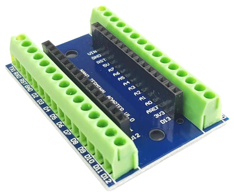 Rock Solid Screw Terminal Block Shield For Arduino Nano with green clamp terminals on blue PCB, top view.