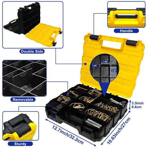 367 Piece Heavy Duty Hitch Pin Kit With R Clips Hair Pins Lynch Pins PTO Pins Cotter Pins Clevis Pins and yellow organizer box