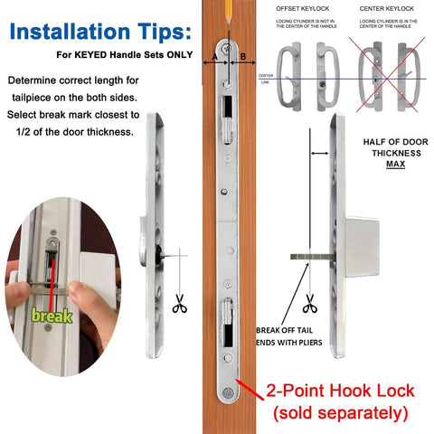 Installation tips for Keyed Sliding Patio Door Handle Set For Legacy And Sash Controls Fits P N 2265, showing hardware positions.
