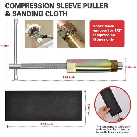6 Piece Plumbing Tools Kit With Angle Stop Wrench Half Inch Compression Sleeve Puller Sandpaper And Storage Bag components.
