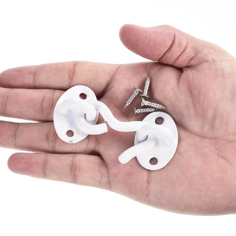 Hand holding a white finish 2 Inch Hook And Eye Latch For Barn Doors Privacy Hardware Stainless Steel Gate Lock with screws