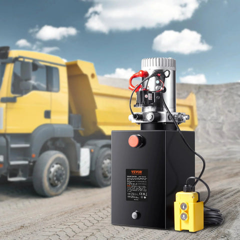 Vevor 20-Quart hydraulic power unit with single-acting dump pump, 12V DC, SAE #6 ports, yellow remote pendant