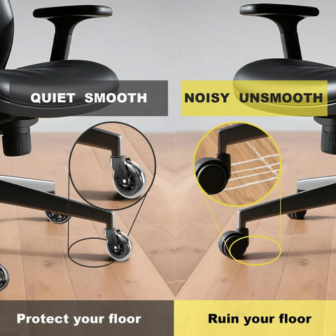 Office Chair Wheels Replacement Rubber Casters For Hardwood Floors And Carpet, showing smooth gliding versus damaging standard wheels