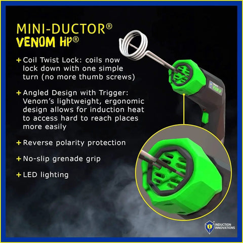 Close-up of Venom HP Mini Ductor Induction Heater For Rusted Fasteners And Bearings with coil and ergonomic handle.