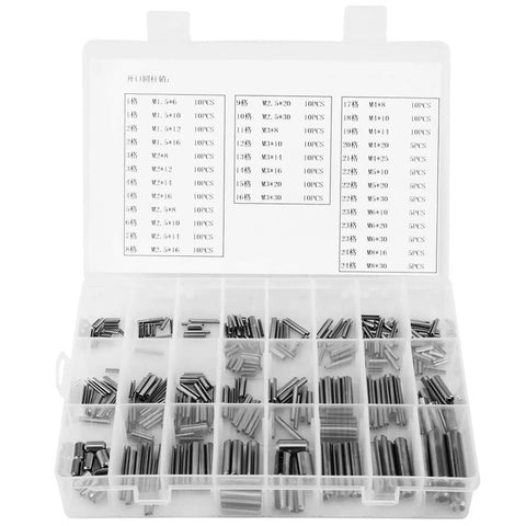 Spring Pin Set 280 Piece Stainless Steel Roll Pins Hollow Dowel Fasteners From M1.5 To M8 Durable Silver Finish in Box