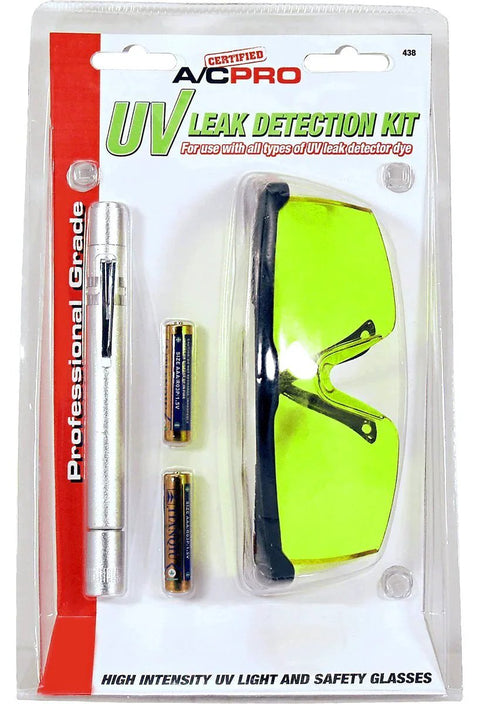 Pro Grade Car AC Leak Detection Kit With True UV Pen Light Detects O Ring And Hose Leaks Works With UV Dye Includes Yellow Tint Protective Glasses And AAA Batteries Easy To Use Automotive AC Leak Detector Set From AC Pro in packaging showing pen, glasses, and batteries.
