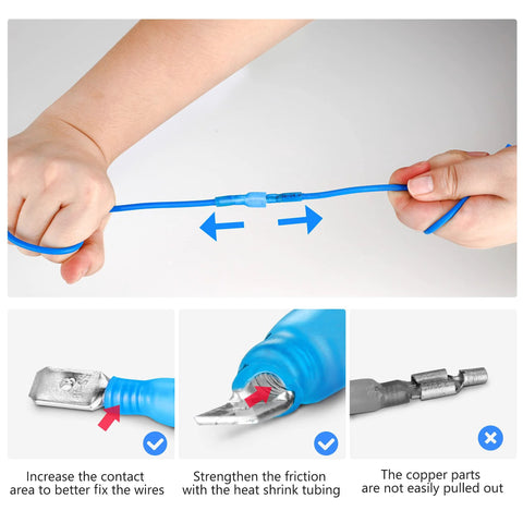 Kuject heat shrink wire connectors kit with blue insulated terminals and metal spade/butt fittings.