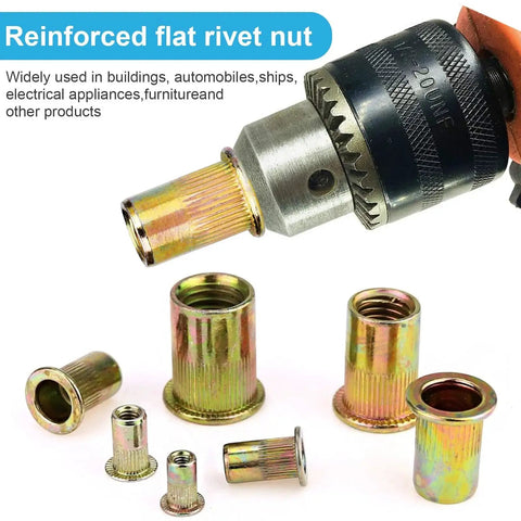 M5 Rivet Nuts 100 Pcs Zinc Plated Carbon Steel Flat Head Rivet Insert displayed with drill for installation use