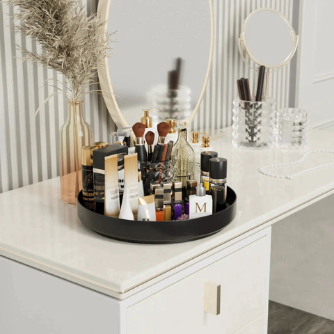 13 Inch Heavy Duty Metal Lazy Susan Turntable Organizer For Cabinet Pantry Kitchen Countertop And Bathroom 360 Degree Rotating Spice Rack Storage Anti Rust Waterproof Coated Black Ovicar on bathroom counter