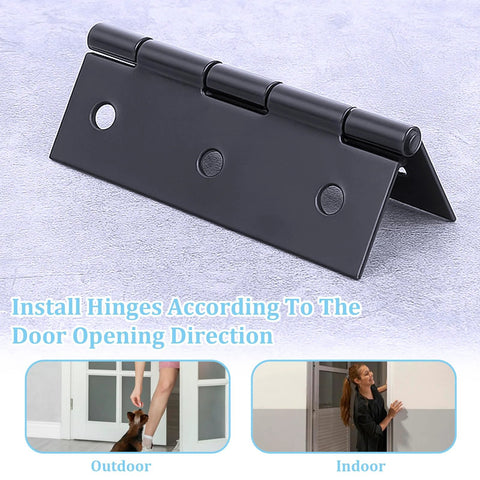 Two 3-inch stainless steel folding door hinges in black finish with 12 screws